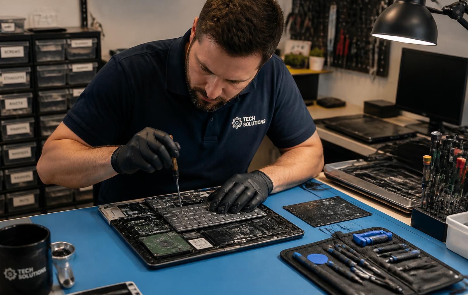 Techniker tauscht in einer Werkstatt die Tastatureinheit eines geöffneten Notebooks
